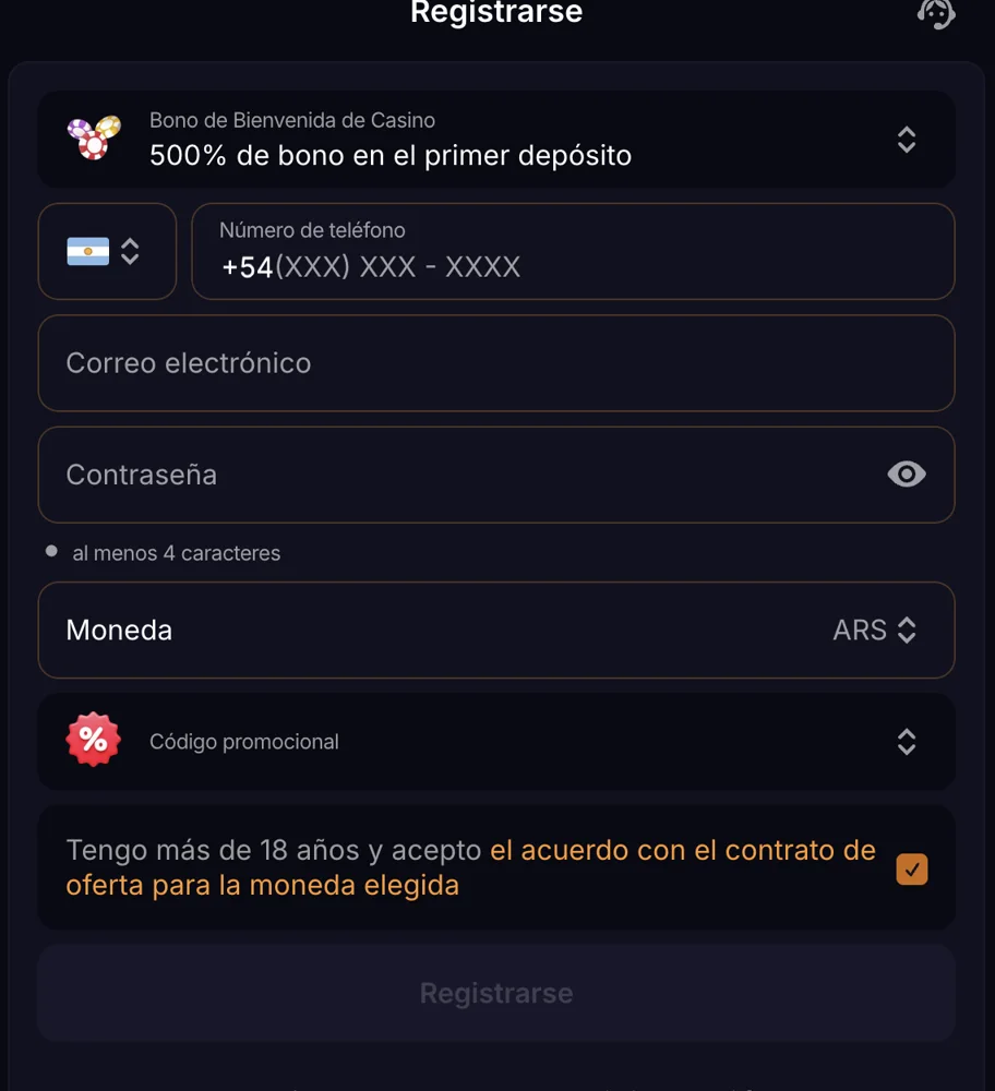 Formulario de registro de Mango Dorado con teléfono +54, correo, contraseña, moneda ARS y código promocional